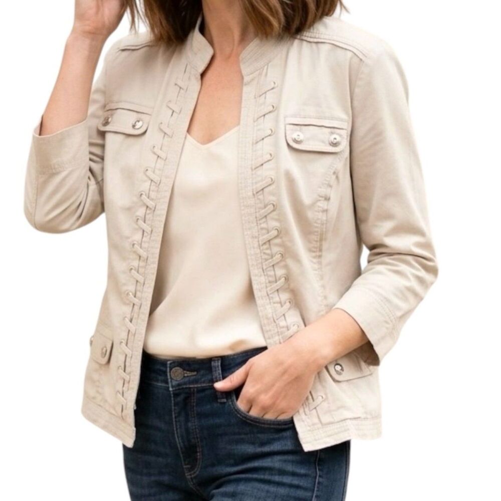Dress Barn Tan Military Jacket Size M Lightweight Stretch 3/4 Sleeves Casual